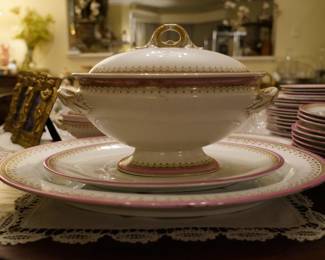 Antique Royal Worcester Pink and Gold Large Tureen, Serving Plate and Meat Platter