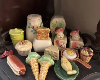 Large Collection of Salt and Pepper Shakers including Ice Cream Cones, Toast and Toaster, Muffin, Egg and Frying Pan and Hot Dog