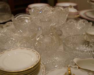 Limoges China and Select pieces of brilliant cut glass including decanter and serving dishes