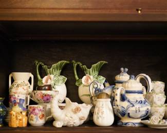 Various Antique Porcelain Vases, Cups, and Pots including hand painted Demitasse cups.