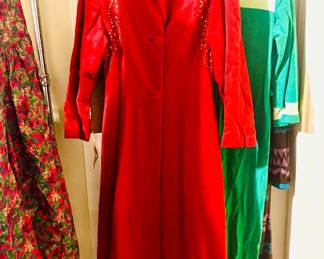 Vintage Red Coat (1940's) and Green Velour Jumpsuit (1970's) (left - Mrs Clause Fancy Christmas Apron)