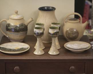 Hand made Stone Pottery with Mountain Sunrise by now deceased Southern Artist, Lyn Johnson