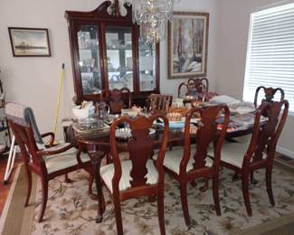 Queen Anne dining room table, chairs and china cabinet