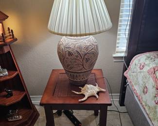two mid-century side tables, low with matching lamps, tables and lamps sold as sets