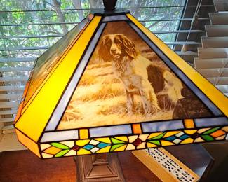 close up of the Tiffany-style lampshade with dog decor
