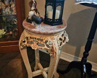 Carved round table or plant stand with marble top