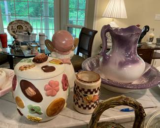 Kitchen - same cookie jar, container, bowl with pitcher in purple