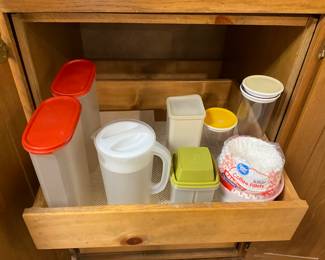 Kitchen- Pitchers on left - Tupperware pickle holder, coffee filters, miscellaneous