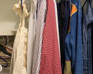 Master bath closet - men’s shirts - last item on left is vintage child’s apron
