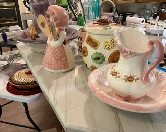 Kitchen - Lady utensils holder, second pitcher & bowl set, and round cookie jar