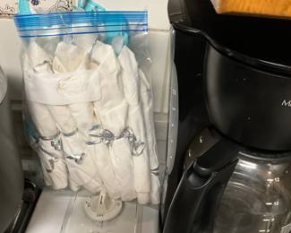 Kitchen - wrapped utensils in baggie on left, coffee pot
