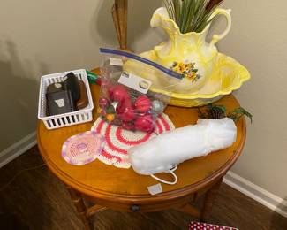 Painting bedroom - end table, lamp, bowl & pitcher set in yellow, doilies & miscellaneous 