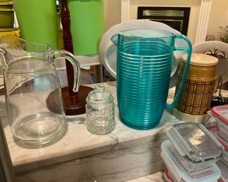 Kitchen - pitchers, jar with lid, small & large storage containers with lids