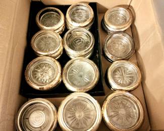 Box lot silver rim coasters