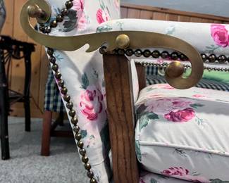 ANTIQUE FLORAL WING BACK CHAIR - BRASS HARDWARE