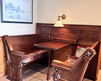 WOODEN KITCHEN TABLE BOOTH WITH PEW SEATING BENCHES, TABLE AND BACK FRAME. COULD BE BUILT IN.