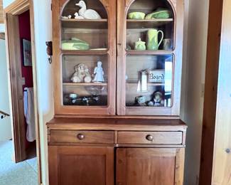 ANTIQUE STEP BACK HUTCH CABINET WITH CURVED TOP DOORS