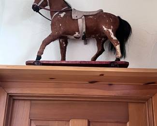 LARGE PULL TOY HORSE ON WOODEN PLATFORM WITH WHEELS