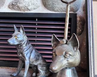 ANTIQUE BRASS FOX HUNT HEAD DOOR STOP, CAST IRON DOG
