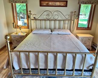 BRASS KING BED, NIGHTSTANDS & LINEN