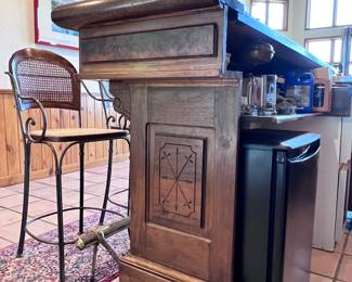 Home Bar! Ornate Victorian-Style Carved Wood. Front Bar with Brass Foot Rest. Back Bar with Lighted Compartments, Glass Shelves, Drawers and Cupboards.