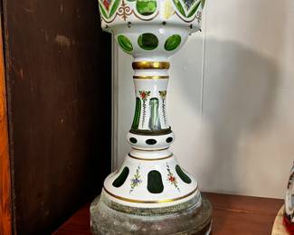 Vintage Large Czech Bohemian White Cut to Green Glass Mantle Luster