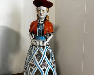 Antique 1940s Porcelain European NAPKIN DOLL Woman CANDELHOLDER