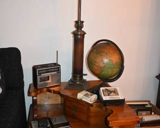 Vintage Globe, Vintage Brass Table Lamp, Vintage Radio, Vintage Portable, Tape Cassette, Oak Country Cottage End Table