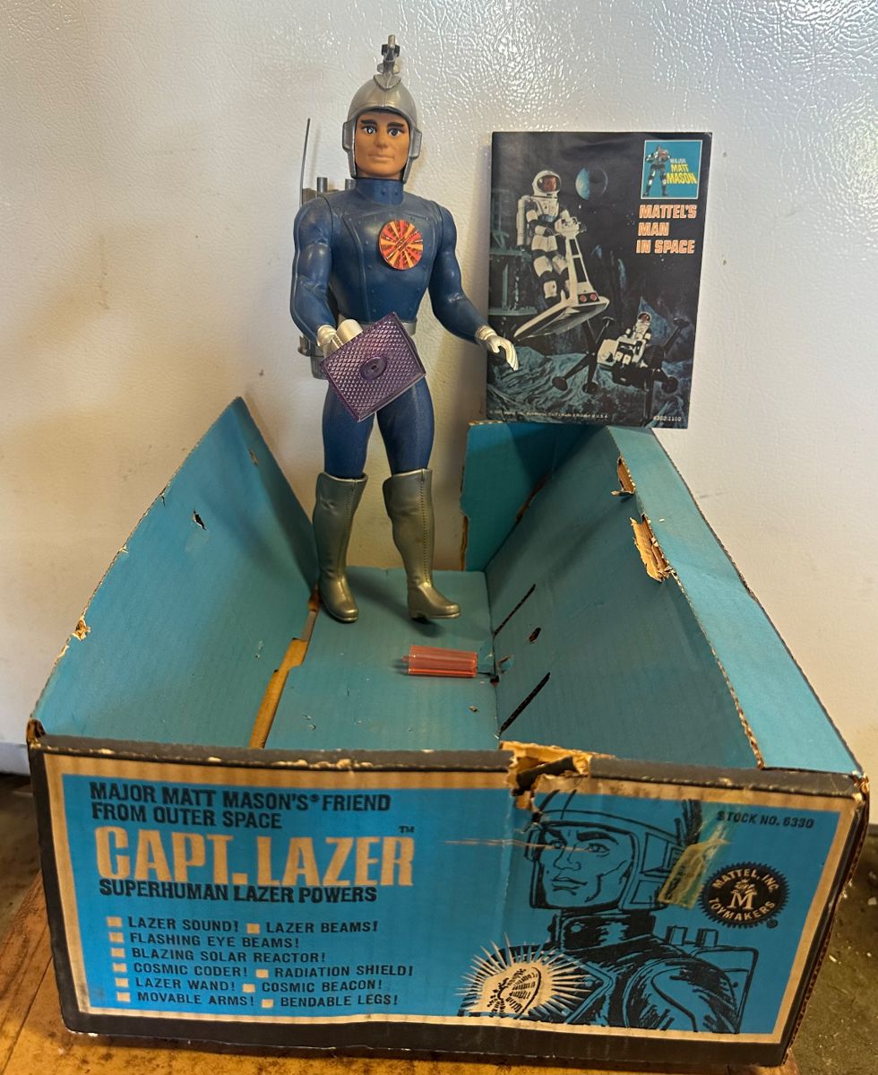 1967 Mattel Captain Lazer Major Matt Mason Figure in Original Partial Box with Accessories
