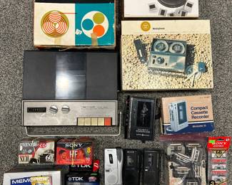 Realistic Reel Tape Recorder Model 505A; RCA Reel to Reel Tape Recorder; Westinghouse Reel Tape Recorder H28R1; Baia 80 Rotary Slide Tray P/N 3747 ; Realistic Compact Cassette Recorder 14-1027; GE Mini Cassette Player Recorder 3-5303A; Memorex Micro cassette recorder MB2186A; Sony Microcassette Recorder M-527V; Sony Microcassette recorder voice activated M5497; Norelco mini cassettes; Sony, Marcelo Mini cassettes; Memorex box Cassettes; Maxell, Sony, TDK Cassettes