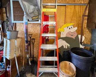 Werner Extension Ladder D716-2; Shovel; Rakes; Post Hole Digger; Metal Bucket; Sickle & Sythe; Flag & Pole; Fruit Baskets; Trash Can; Toro Grass Bag