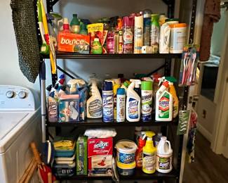 Metal Shelving Unit; Tissues; Paper Towels; Cleaners; Laundry Cleaners; Clothes Pin Bag; Toilet Paper Holders; Plunger; Wastebasket; Toilet bowl Brush; Toothbrushes