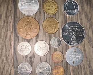1934 Union Pacific Lucky Piece; Canadian Coins; DQ Sundae Treat Coin; Ralph's Market Kampsville, IL Coin; 1984 Roxana Park 219 Tag; Apollo XI Coin; Gateway Arch Landmarks of America Coin; Dwight D Eisenhower Inaugurated President Coin 1/20/53