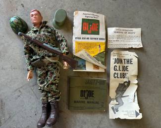 1964 Hasbro GI Joe Action Marine Painted Head with Marine Manual, Paperwork, Gun, Hat, Helmet, Ammo Belt, Boots