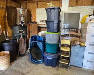 2 and 4 Drawer Filing Cabinets; Storage Totes; Vintage Wooden Sled; Golf Cart; Vintage Step Stool; Baby Beds; Headboard; Vintage High Chair; Storm Door