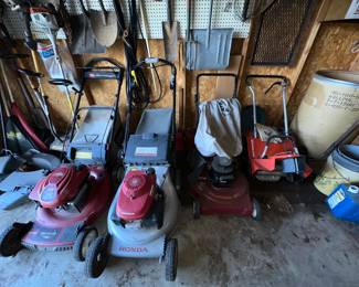 Lawn Mowers; Snow Blower; Empty Cylinder Container; Gas Cans; Shovels; Buckets
