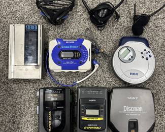 Sony Discman D-171; RCA Disc Player RP2502; Sanyo Sportable; AIWW Cassette Player; AIWA Cross Trainer AM/FM Cassette Player w/ headphones; GE Cassette Stereo Player; GPX Sports Headphones; Black Headphones
