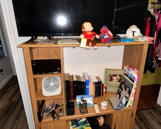 Small Media/ Entertainment Center; Sanyo & Insignia 32" Flat Screen TV's; Books; Bibles; Office Supplies; Misc