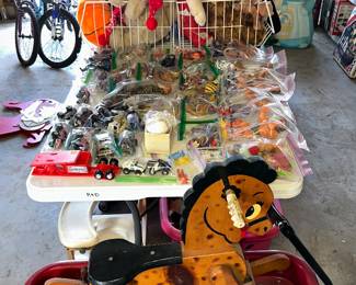 Plush; Wooden Rocking Horse; Radio Flyer Wagon; MOTU Figures; Schaper Stomper Cars; Garbage Pail Sticker Cards; Trolls