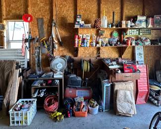Gate; Saw Horses; Carhartt Coveralls; Lightbulbs; Extension Cords; Fan; Compressor; License Plates; Gloves; Car Ramps; Screwdrivers; Wrenches; Allen Wrenches; Pliers; Cabinet; Bug Sprays; AC Oil Filters and Spark Plugs; Drills; Coleman Camp Stove
