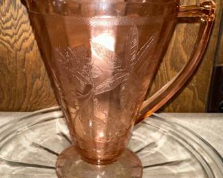 Jeannette Glass Pink Depression Glass Floral Footed Pitcher