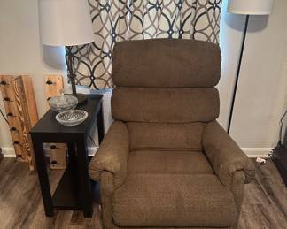 Lazy Boy Rocker Recliner; Side Table; Floor Lamp; Table Lamp; Geometric Curtains; Cut Glass Candy Dish; Cut Glass Ashtray; Handmade Wooden Hook Shelves