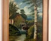 Framed Oil Painting of Mill and Stream Scene