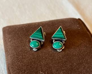 Navajo Sterling Silver malachite clip on earrings Marked RAMONA