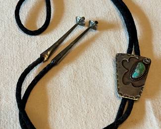 Sterling Native American Bolo tie with turquoise marked RR