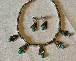 Native American Sam Benson Navajo sterling silver and turquoise necklace with matching earrings