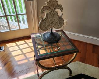 End table, metal w/glass top. $20.00.
Matches hall table.