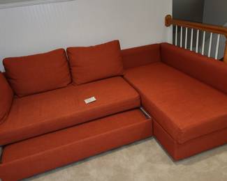 2 piece sofa, with trundle. Note fabric issues from cat in following pictures. Measirements in following picture. $25.00. Located on 3rd floor of home. Perfect for kids, large dog, tack room...