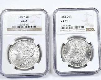 1884 O MS 62 1901 O MS 62 Morgan US Dollars