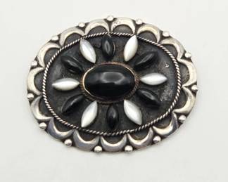 Vintage Sterling Onyx Mother of Pearl Brooch